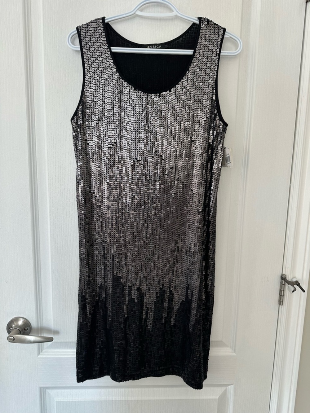 NWT Jessica Vintage Y2K Sequin Shift Mini Dress Silver Black Ombre Retro Chic 10